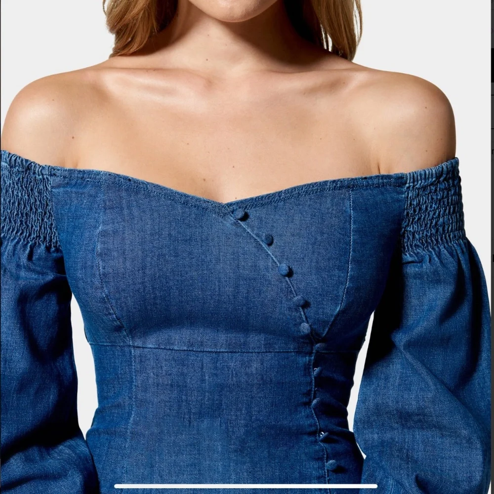 bebe Off-Shoulder Long Sleeve Denim Dress in Blue - Picture 9 of 9
